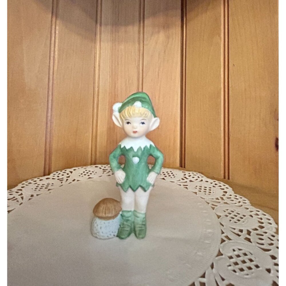 Vintage Ceramic Elf Figurine Mushroom Green White Handmade TM Korea Collectible